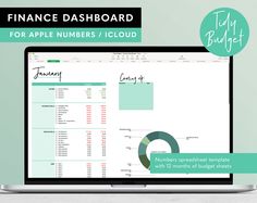 the finance dashboard for apple numbers / icloud on a laptop screen with text overlay