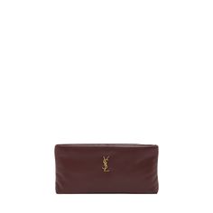 Saint Laurent "Calypso" pouch clutch bag in padded leather  Features signature YSL logo lettering  Zip top closure  Exterior, one card slot  Bronze hardware  Approx. 5.9"H x 11.8"W x 1.3"D Made in Italy Luxury Leather Rectangular Pouch, Leather Rectangular Cosmetic Bag For Evening, Luxury Soft Leather Rectangular Clutch, Ysl Clutch, Ysl Logo, Bronze Hardware, Zip Top, 3 D, Clutch Bag