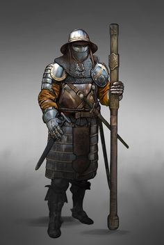 a man dressed in armor and holding a stick