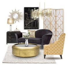 the living room is decorated in gold and black, with an art deco theme on the wall