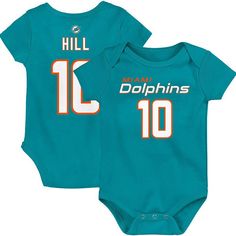 With your kiddo steadily growing as a football fan, help them showcase their strengthening pride with this Miami Dolphins Tyreek Hill Mainliner Player Name and Number bodysuit. It features bold graphics and a snug, comfortable fit so they can easily and proudly show some love for the Miami Dolphins and one of their top players.With your kiddo steadily growing as a football fan, help them showcase their strengthening pride with this Miami Dolphins Tyreek Hill Mainliner Player Name and Number body Tyreek Hill, Nfl Miami Dolphins, Uniform Design, The League, One Piece Outfit, Bold Graphics, Color Help, Miami Dolphins, Fast Track