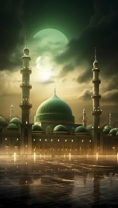 an image of a mosque at night with the moon in the background