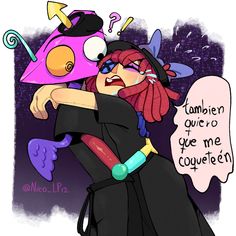 an image of a cartoon character holding another character with her arm around her neck and the caption'ambien que ver me couvet coeen '