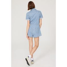 Blue denim (99% Cotton, 1% Spandex). Romper. Short sleeves. V-neck. Front zipper closure. 30" from shoulder to hemline. 3" inseam. Imported. Fitted Casual Denim Jumpsuit With V-neck, Cotton Denim V-neck Jumpsuit, Fitted Denim Jumpsuit With V-neck In Casual Style, Casual Fitted Denim Jumpsuit With V-neck, Casual V-neck Denim Jumpsuit With Pockets, Casual V-neck Denim Jumpsuit, Casual Fitted V-neck Denim Top, Spandex Romper, Denim Romper