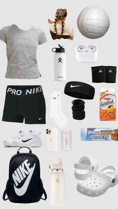 the contents of a woman's athletic outfit including shoes, water bottle and other items