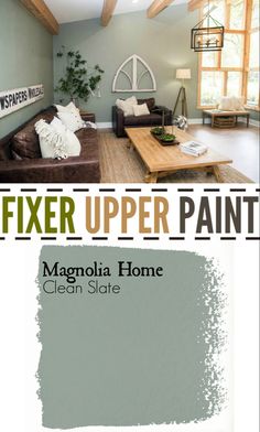 a living room with gray walls and white furniture in the center is an advertisement for fixer upper paint