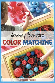 two children playing with colored matching toys in a play tray, and the title reads sensory bin idea color matching