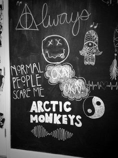 a chalkboard with some drawings on it in front of a door that says, always normal people scare me arctic monkeys