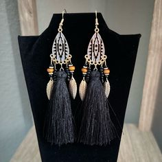 Cute And Classy, Handmade Which Makes For An Original Set 4 1/2” Long. Keywords Gift Unique Mother Wife Birthday Party Professional Boho Tassel Black Bohemian Dangle Jewelry, Bohemian Black Dangle Jewelry, Black Drop Tassel Earrings As Gift, Black Tassel Earrings With Ear Wire As A Gift, Black Tassel Jewelry For Festival, Bohemian Black Tassel Earrings As Gift, Black Tassel Earrings With Black Beads For Gift, Black Dangle Jewelry For Festivals, Black Dangle Jewelry For Festival