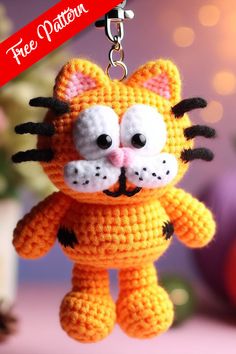 Cute Crochet Garfield Keychain Crochet Garfield, Crochet Keyring Free Pattern, Unicorn Knitting Pattern, Yarn Toys, Crochet Cat Toys, Leftover Yarn, Scrap Yarn, Crochet Keychain Pattern, Crochet Baby Toys