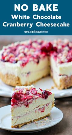 no bake white chocolate cranberry cheesecake on a plate with one slice missing