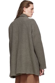 Lauren Manoogian: Grey Short Uzbek Cardigan | SSENSE Chic Fall Cardigan With Lapel Collar, Cozy Gray Cardigan For Workwear, Oversized Long Sleeve Polo Sweater For Work, Cozy Gray Turtleneck Outerwear, Collared Textured Knit Sweater For Work, Textured Knit Sweater Coat For Workwear, Collared Sweater For Fall Loungewear, Oversized Polo Sweater For Work, Knit Long Sleeve Sweater Coat For Work