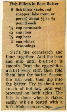 an old newspaper clipping with instructions on how to use fish fillets in beer batters