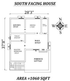 the floor plan for south facing house, which is located in an area with no walls