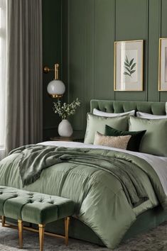 a bed with green sheets and pillows in a room next to a window, framed pictures on the wall