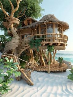 a tree house built into the sand by the ocean