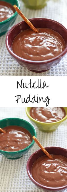 three bowls filled with nutella pudding on top of a white tablecloth and the words nutella pudding above them