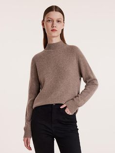 Pure Cashmere Seamless Mock Neck Slim Women Sweater Slim Sweater, High Neck Designs, Cashmere Fabric, Body Proportions, Women Sweater, Dark Beige, Mesh Bag, Neck Designs, Mock Neck