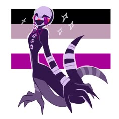 an alien is standing in front of a purple and black striped background with stars on it