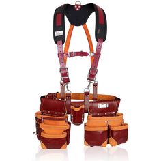 an orange and red leather harness with multiple pockets on each side, attached to the chest