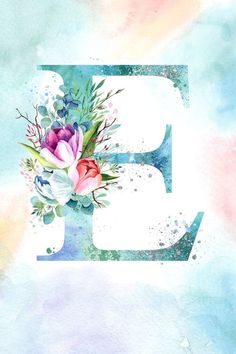 the letter e is made up of flowers and leaves on a watercolor painted background