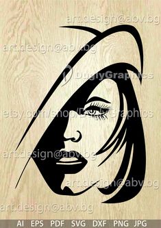 a woman's face with long hair in black on a wooden background, and the word