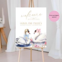 Editable Swan Gender Reveal Welcome Sign | Pink & Blue Bow Baby Shower Sign | Elegant Swan Theme Reveal Sign Make your gender reveal party unforgettable with our Editable Swan Gender Reveal Welcome Sign. This stunning sign features two elegant swans--one adorned with a pink bow and the other with a blue bow--perfectly capturing the excitement of revealing your little one's gender. Why Choose Us: We specialize in creating beautiful, customizable designs that add a personalized touch to your most Bow Baby Shower, Baby Shower Sign, Plastic Signs, Vinyl Banner, Shower Sign, Outdoor Material, Straight Edges, Reveal Party, Baby Shower Signs