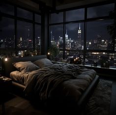 a large bed sitting in the middle of a bedroom next to tall buildings at night