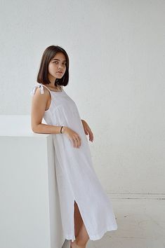 Linen night dress /Handmade sleepwear / Soft linen sleep | Etsy White Spring Maxi Sleep Dress, White Maxi Sleep Dress For Spring, White Linen Dress With Straight Neckline, White Linen Dress With Straight Neckline For Summer, White Linen Dress With Tie Back, Casual White Maxi Dress With Straight Neckline, White Linen Sleeveless Dress With Adjustable Straps, White Linen Dress With Adjustable Straps, Spring White Linen Dress With Tie Back