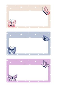 three butterfly name tags with polka dots on the bottom and two butterflies on the top