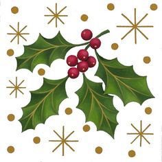 a christmas card with holly leaves and red berries