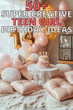 Cozy 14th birthday party setup with gold number balloons, soft blush cushions, a floral cake, and twinkling lights, promoting 50+ super creative teen girl birthday ideas. Teenage Party Theme Ideas, Candle Making Birthday Party, 12th Birthday Girl Ideas, Fun Party Activities For Teens, Large Birthday Party Ideas, Birthday Themes For Girls 11th Birthday, 12th Birthday Party Ideas Girl, Teenager Sleepover Party Ideas, Thirteen Year Old Birthday Party Ideas