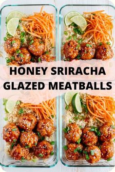 honey sriraca glazed meatballs with carrots, rice and cilantro