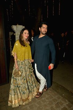 Anil Kapoor's Diwali party - Rohit Dhawan and Jaanvi Desai Dhawan Natasha Dalal, Anil Kapoor, Indian Groom Wear, Sangeet Outfit, Diwali Outfits, Indian Outfits Lehenga, Diwali Party, Mens Kurta Designs, Casual Indian Fashion