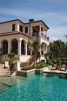 a large house with a pool in front of it