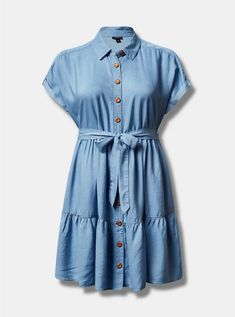 Mini Chambray Tiered Shirt DressMini Chambray Tiered Shirt Dress, MEDIUM WASH Spring Staples, Rolled Sleeves, Cute Jeans, Cute Summer Dresses, Dress Medium, Little Dresses, Tie Dress, Large Bust, Sewing Inspiration