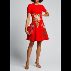 Oscar De La Renta Day Dress With Floral Embroidery Details. Crew Neckline. Short Sleeves. A-Line Silhouette. Hem Hits Above The Knee. Viscose/Polyester/Lyocell. Made In Italy. Oscar De La Renta’s Playful Jacquard Dress Features A Flattering Fit-&-Flare Size & Fit Fit-&-Flare Silhouette About 38” From Shoulder To Hem Model Measurements: 5'10” Tall Model Is Wearing A Us Size 4 Designer Red Summer Dresses, Designer Red Dresses For Summer, Red Floral Embroidered A-line Dress, Designer Fitted Embroidered Dresses, Designer Fitted Dress With Floral Embroidery, Designer Fitted Red Dress, Designer Red Fitted Dress, Fitted Red Embroidered Floral Print Dress, Fitted Red Embroidered Dress With Floral Print