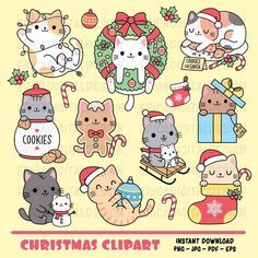 christmas clipart with cats and presents on the front, in different styles to choose from