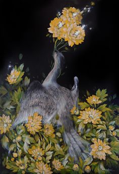 a painting of a bird with yellow flowers on it's body and wings flying in the air