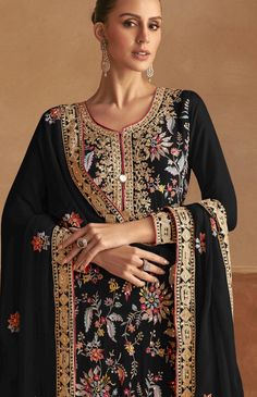 Heavy Embroidered Suit,  Salwar Straight  Suit,Indian Pakistani Salwar Kameez Dress, Salwar Suit,Heavy Georgette Pakistani dress,Eid Style Suit , Deepawali Special Suit Set in Black Color with Net and heavy Embroidery.Heavy Embroidery Palazzo Suit with Heavy Embroidery Wedding and Eid Special Plazzo Suit Set,Indian Pakistani Salwar Kameez Dress, Salwar Suit,Heavy Suit Set,Eid Style Suit , Deepawali Special Suit Set in Silk Fabric with beautiful Dupatta. Designer Latest Salwar Kameez, Salwar Suit Set Unstitched with Bandhani Dupatta and Full Embroidery on Neck Area , Customize upto 44 Size means Plus Size People Too Fabric Description : Fabric : Top - Chinnon with embroidery work Dupatta- Chinnon with Beautiful Embroidery Work Bottom - Chinnon with embroidery work Work Details : Embroidery Pakistani Dresses Eid, Black Punjabi Suit, Latest Punjabi Suits, Classy Wear, Designer Salwar Kameez, Latest Salwar Kameez, Indian Designer Suits, Dress Salwar Kameez, Palazzo Suit