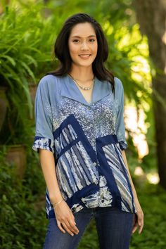 You'll love the attention to detail on this pretty women's blouse by Akkharaphon in Thailand. Crafted from cool woven cotton, the hand-painted batik top features a wide wing collar, elbow-length sleeves and pintucked cuffs. Batik Top, Cotton Caftan, Blouse Batik, Wing Collar, Batik Art, Caftan Dress, Cotton Blouse, On Holiday, Elbow Length Sleeve