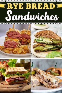 different types of sandwiches on plates with the words rye bread sandwiches above them and below it