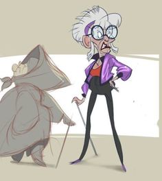 an old woman is standing next to a cartoon character