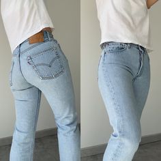 "Vintage Levi's 501 w27 L25 made in USA  stone Wash light blue faded vintage 501s Follow on Instagram for new listing  Vintage Denim Edit   100% Cotton no stretch. Please make sure size is good for you as no returns.  please read measurements before buying and ask any questions no returns Ask questions if you need help please don't buy without checking.  Measurements taken laying flat.  please read measurements below before buying   Lovely light blue USA button 524 Cut at hem  Waist 35cm/13.7\" across flat (The 27.5\"total) Crotch to waist 28.5cm 11.2\" Hips 53cm\" across flat 20.8\" total 41.7\"  Thigh across flat 27cm/10.6\" across  inside leg from crotch 63cm 25\"  Ankle 18.5cm/ 7.2\" across flat  If you have a pair of vintage Levi's compare measurements to get the best fit. Also always Vintage Washed Blue Bottoms For Everyday, 501 Levis Women Outfits, 501 Outfit, Levis 501 Women, Light Wash Levis, Jean Vintage, Vintage Levis 501, Mode Jeans, Levi’s 501