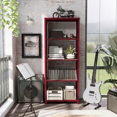 Versatile and practical, this standing bookcase is ideal for contemporary home offices and offers 4-open shelves for ample storage space for files and books. With an industrial style design, complete with a decorative silver metal support rod and product item numbers, this bookcase complements numerous color palettes. Place this bookcase in a contemporary home for a rustic flair. Furniture of America Ansinne Red Powder Coating Metal 4-Shelf Bookcase (26.38-in W x 64.38-in H x 14-in D) | IDF-AC33 Steel Bookcase, Contemporary Home Offices, 4 Shelf Bookcase, Industrial Design Trends, Office Bookcase, Shelf Bookcase, Home Offices, Ladder Bookcase, Furniture Of America