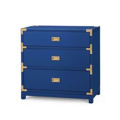 a blue chest of drawers with gold handles on the front and bottom, against a white background