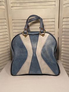 Vintage Bowling Bag, Retro Satchel With Zipper Closure And Double Handle, Retro Blue Leather Shoulder Bag, Blue Leather Retro Shoulder Bag, Vintage Blue Satchel For Travel, Vintage Blue Shoulder Bag With Handles, Vintage Blue Double Handle Bag, Vintage Blue Double Handle Shoulder Bag, Vintage Blue Travel Satchel