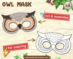 an owl mask with cut and assemble instructions on the front, below it's image