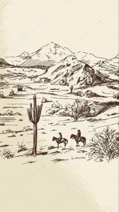 a drawing of a desert scene with horses and cactus trees