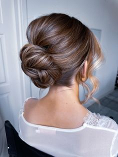 Bride soft textured low bun, low updo, wedding hairstyle Low Bun Bridal Hair Front View, Low Bun Bride Hair Front View, Large Low Bun Wedding Hair, Bridal Buns, Smooth Low Bun Wedding, Effortless Low Bun Wedding, Wedding Hair Front